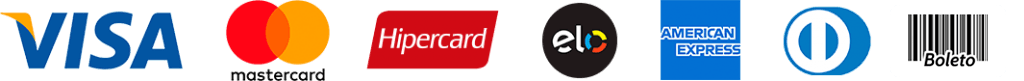 Formas de pagamento aceitas: Visa, Mastercard, Elo, American Express, Diners Club, Hipercard, Hiper e Boleto
