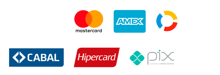 Formas de pagamento aceitas: Visa, Mastercard, Hipercard, Elo, American Express, Diners e Boleto